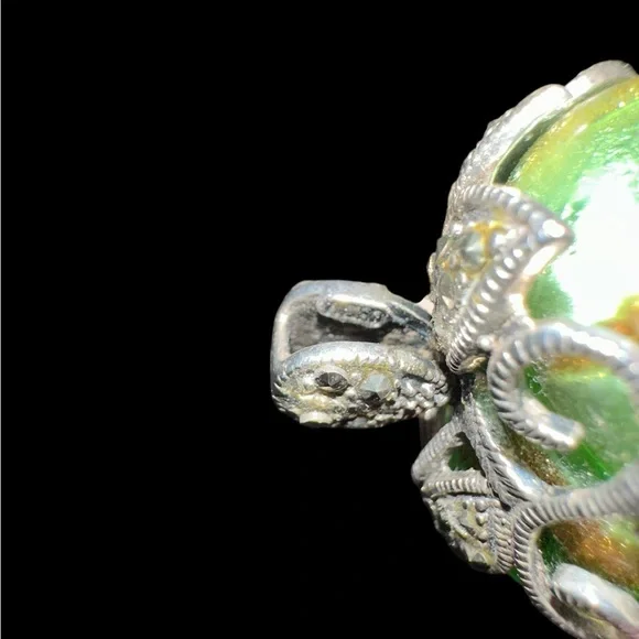 Green Dychroic Glass Heart Pendant with Silver Leaf Detail 22” Sterling Chain